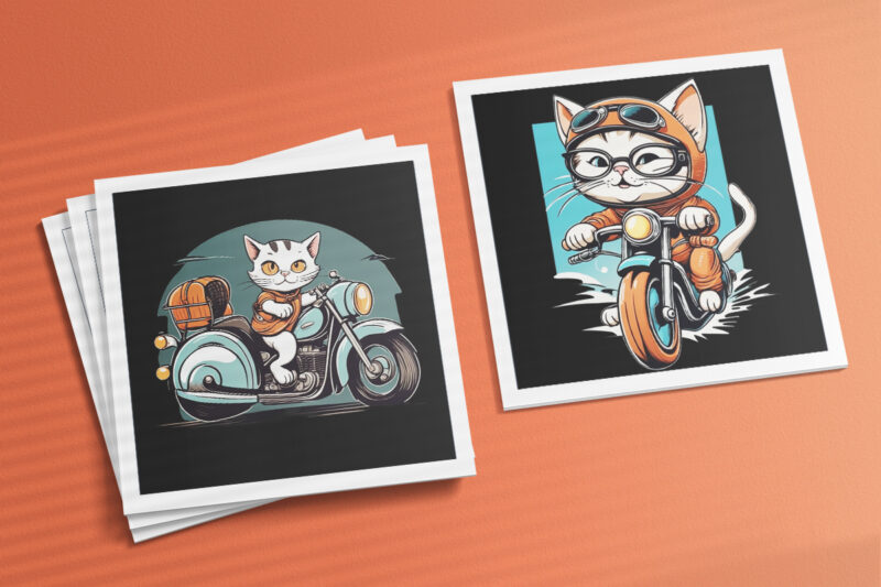 Cat Biker Illustration for POD Clipart Design is Also perfect for any project: Art prints, t-shirts, logo, packaging, stationery, merchandise, website, book cover, invitations, and more