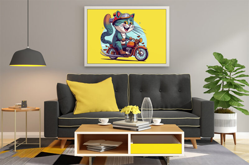 Cat Biker Illustration for POD Clipart Design is Also perfect for any project: Art prints, t-shirts, logo, packaging, stationery, merchandise, website, book cover, invitations, and more