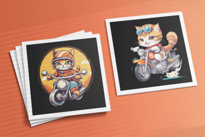 Cat Biker Illustration for POD Clipart Design is Also perfect for any project: Art prints, t-shirts, logo, packaging, stationery, merchandise, website, book cover, invitations, and more