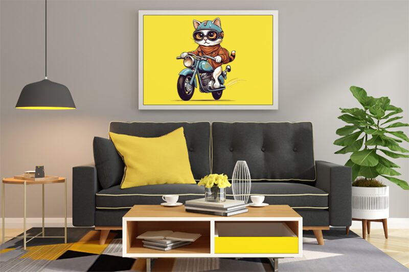 Cat Biker Illustration for POD Clipart Design is Also perfect for any project: Art prints, t-shirts, logo, packaging, stationery, merchandise, website, book cover, invitations, and more