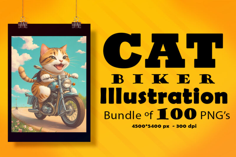 Cat Biker Illustration for POD Clipart Design is Also perfect for any project: Art prints, t-shirts, logo, packaging, stationery, merchandise, website, book cover, invitations, and more