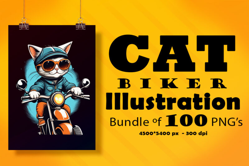 Cat Biker Illustration for POD Clipart Design is Also perfect for any project: Art prints, t-shirts, logo, packaging, stationery, merchandise, website, book cover, invitations, and more