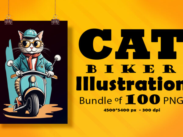 Cat biker illustration for pod clipart design is also perfect for any project: art prints, t-shirts, logo, packaging, stationery, merchandise, website, book cover, invitations, and more