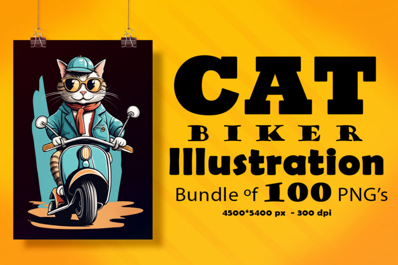 Cat Biker Illustration for POD Clipart Design is Also perfect for any project: Art prints, t-shirts, logo, packaging, stationery, merchandise, website, book cover, invitations, and more