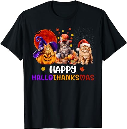 Cat halloween christmas happy hallothanksmas thanksgiving t-shirt