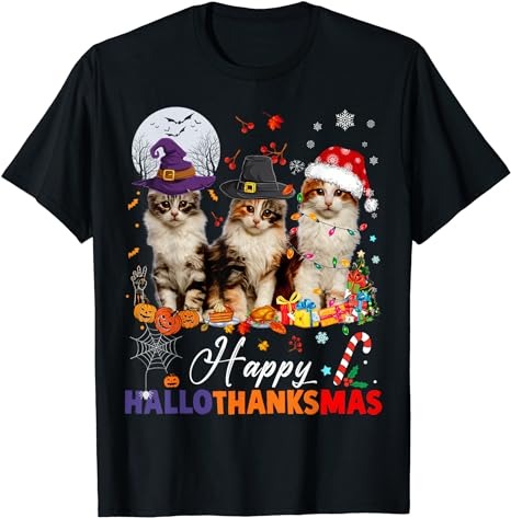 Cat Halloween Christmas Happy Hallothanksmas Thanksgiving T-Shirt PNG File