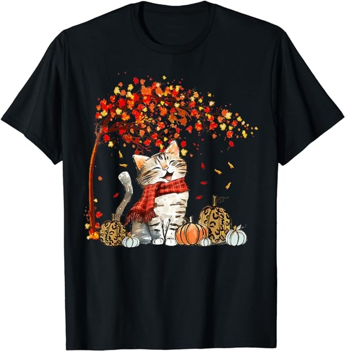 Cat Leaf Fall Hello Autumn Cat Kitten Lover Thanksgiving T-Shirt