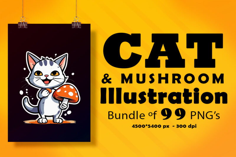 Cat & Mushroom Illustration for POD Clipart Design is Also perfect for any project: Art prints, t-shirts, logo, packaging, stationery, merchandise, website, book cover, invitations, and more