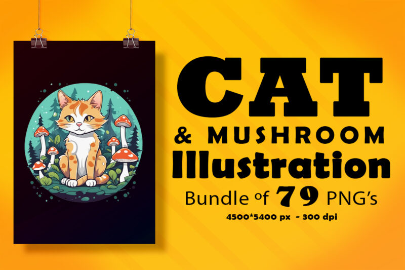 Cat & Mushroom Illustration for POD Clipart Design is Also perfect for any project: Art prints, t-shirts, logo, packaging, stationery, merchandise, website, book cover, invitations, and more