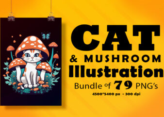 Cat & Mushroom Illustration for POD Clipart Design is Also perfect for any project: Art prints, t-shirts, logo, packaging, stationery, merchandise, website, book cover, invitations, and more