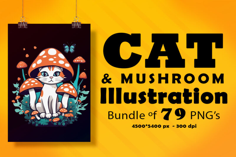 Cat & Mushroom Illustration for POD Clipart Design is Also perfect for any project: Art prints, t-shirts, logo, packaging, stationery, merchandise, website, book cover, invitations, and more