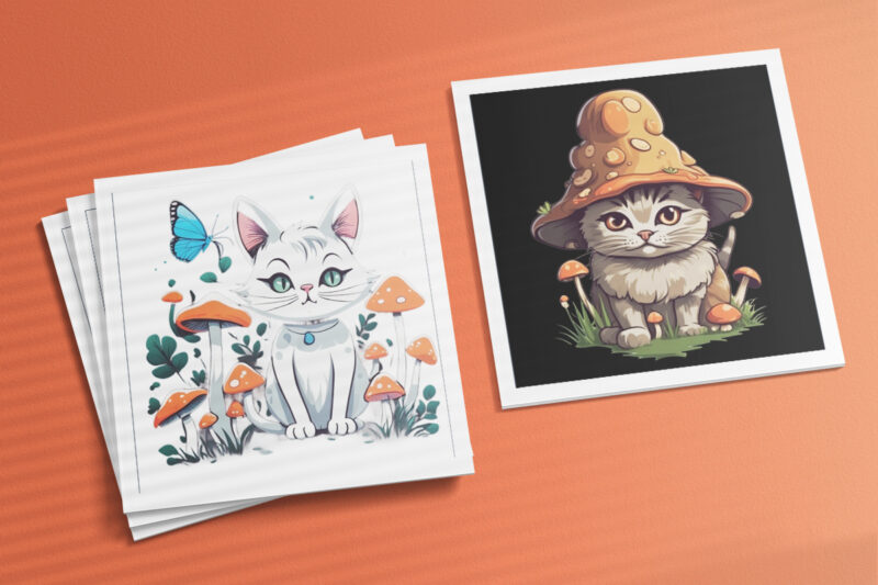 Cat & Mushroom Illustration for POD Clipart Design is Also perfect for any project: Art prints, t-shirts, logo, packaging, stationery, merchandise, website, book cover, invitations, and more