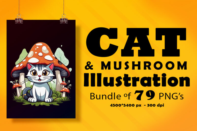 Cat & Mushroom Illustration for POD Clipart Design is Also perfect for any project: Art prints, t-shirts, logo, packaging, stationery, merchandise, website, book cover, invitations, and more