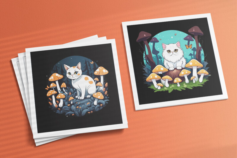 Cat & Mushroom Illustration for POD Clipart Design is Also perfect for any project: Art prints, t-shirts, logo, packaging, stationery, merchandise, website, book cover, invitations, and more