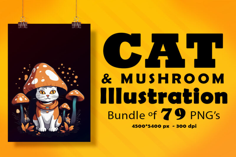 Cat & Mushroom Illustration for POD Clipart Design is Also perfect for any project: Art prints, t-shirts, logo, packaging, stationery, merchandise, website, book cover, invitations, and more