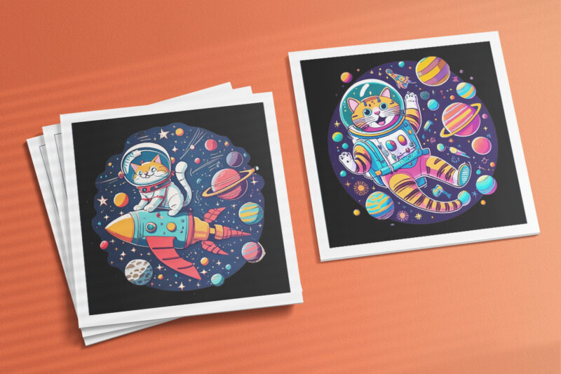 Cat in Space Illustration for POD Clipart Design is Also perfect for any project: Art prints, t-shirts, logo, packaging, stationery, merchandise, website, book cover, invitations, and more