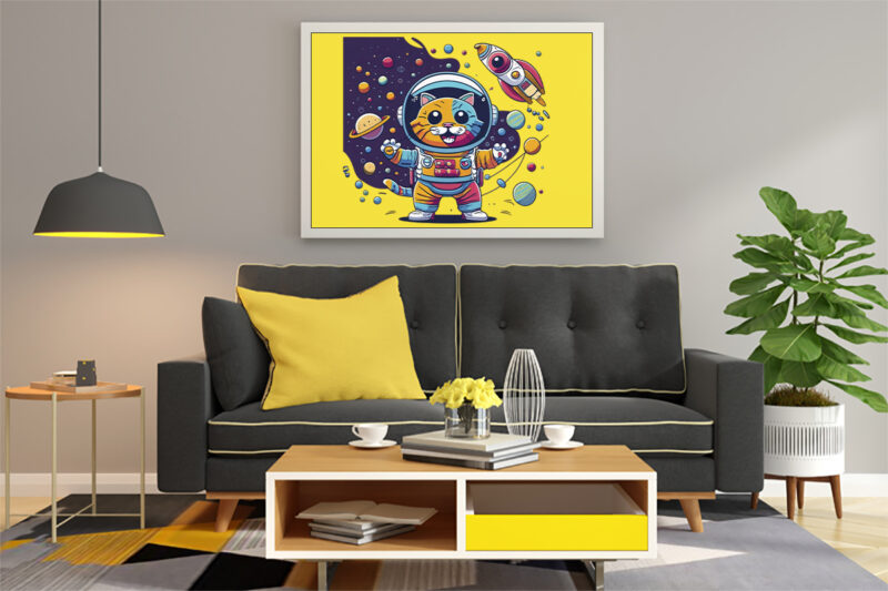 Cat in Space Illustration for POD Clipart Design is Also perfect for any project: Art prints, t-shirts, logo, packaging, stationery, merchandise, website, book cover, invitations, and more