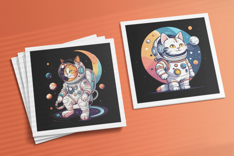 Cat in Space Illustration for POD Clipart Design is Also perfect for any project: Art prints, t-shirts, logo, packaging, stationery, merchandise, website, book cover, invitations, and more