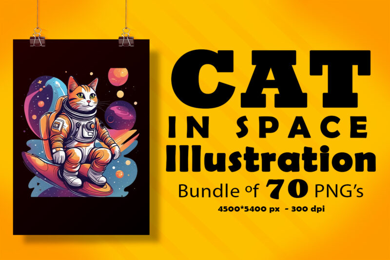 Cat in Space Illustration for POD Clipart Design is Also perfect for any project: Art prints, t-shirts, logo, packaging, stationery, merchandise, website, book cover, invitations, and more