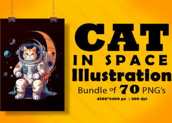 Cat in Space Illustration for POD Clipart Design is Also perfect for any project: Art prints, t-shirts, logo, packaging, stationery, merchandise, website, book cover, invitations, and more