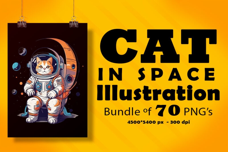 Cat in Space Illustration for POD Clipart Design is Also perfect for any project: Art prints, t-shirts, logo, packaging, stationery, merchandise, website, book cover, invitations, and more