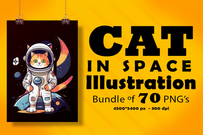 Cat in Space Illustration for POD Clipart Design is Also perfect for any project: Art prints, t-shirts, logo, packaging, stationery, merchandise, website, book cover, invitations, and more