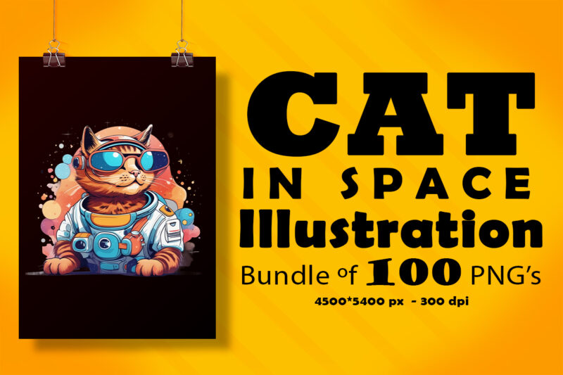 Cat in Space Illustration for POD Clipart Design is Also perfect for any project: Art prints, t-shirts, logo, packaging, stationery, merchandise, website, book cover, invitations, and more