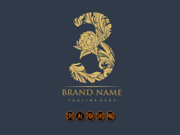 Classic flourish number 3 monogram logo t shirt vector file