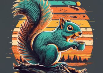 Create a t-shirt design Vintage retro sunset distressed black style design, squirrel closeup PNG File