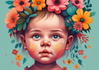 a t-shirt design with baby girl wearing flowers on her head PNG File