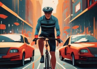 T-shirt design featuring a cyclist on a bustling street, navigating through hazardous situations. Emphasize the scene’s dynamics and challen