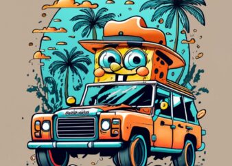 T-shirt design featuring SpongeBob wearing a fedora while driving a modern 2023 Range Rover in a simple ink drawing style. The design should