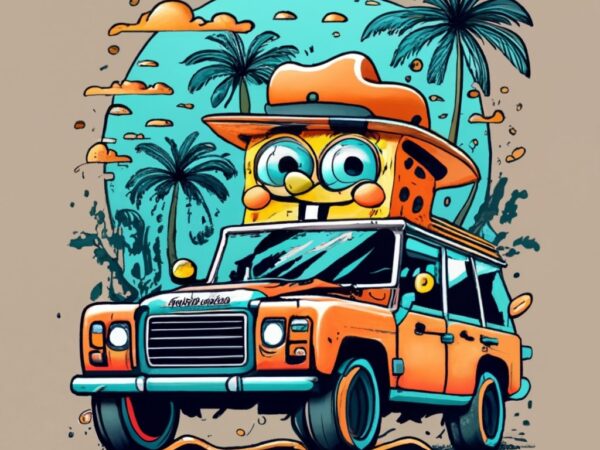 T-shirt design featuring spongebob wearing a fedora while driving a modern 2023 range rover in a simple ink drawing style. the design should