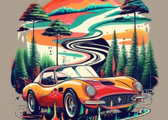 t-shirt design featuring a Ferrari The design should capture the essence of the forest, with a vanishing point perspective and a tree backgr