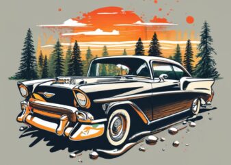 t-shirt design featuring a beautiful 56 Chevrolet belair, forest, a tree background. Infuse elements of anime for a unique twist. PNG File