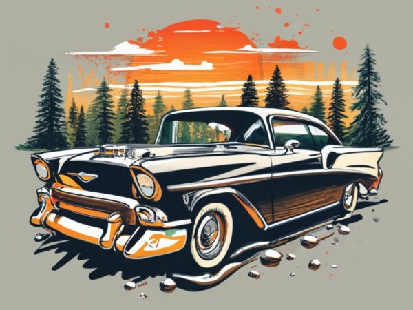 T-shirt design featuring a beautiful 56 chevrolet belair, forest, a tree background. infuse elements of anime for a unique twist. png file