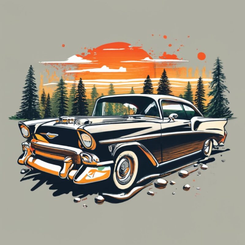 t-shirt design featuring a beautiful 56 Chevrolet belair, forest, a tree background. Infuse elements of anime for a unique twist. PNG File