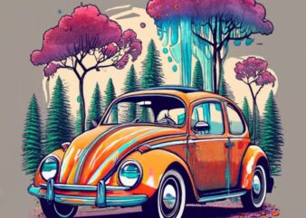 t-shirt design featuring a beautiful Volkswagen van The design should capture the essence of the forest, with a vanishing point perspective