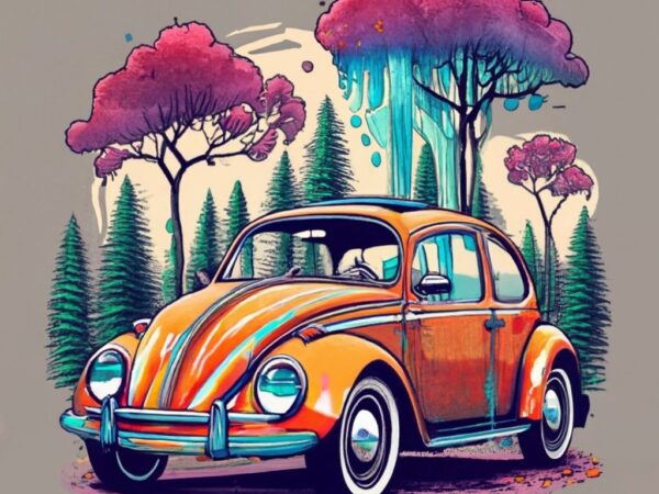 T-shirt design featuring a beautiful volkswagen van the design should capture the essence of the forest, with a vanishing point perspective
