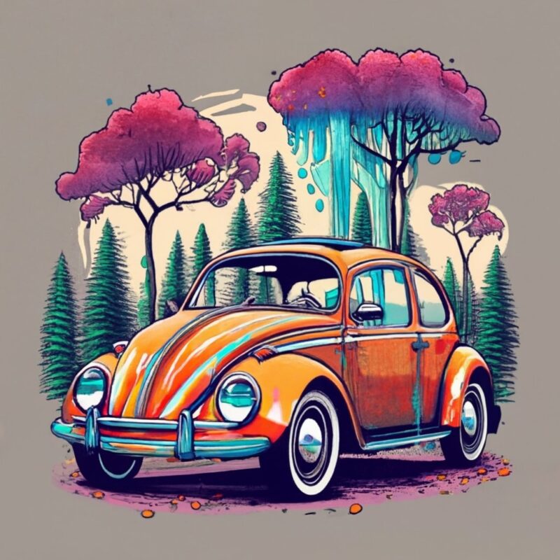 t-shirt design featuring a beautiful Volkswagen van The design should capture the essence of the forest, with a vanishing point perspective