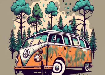 t-shirt design featuring a beautiful Volkswagen, forest, a tree background. Infuse elements of anime for a unique twist. PNG File