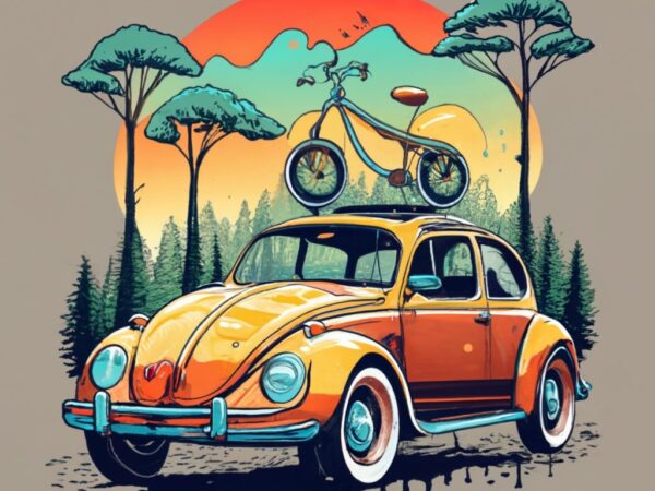 T-shirt design featuring a beautiful volkswagen, the forest, a tree background. incorporate vibrant watercolor splashes and dripping effects