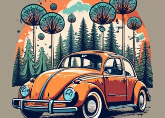 t-shirt design featuring a beautiful Volkswagen, the forest, a tree background. Incorporate vibrant watercolor splashes and dripping effects