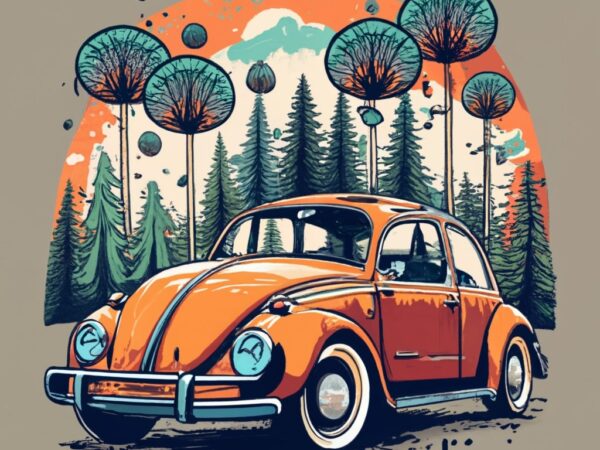 T-shirt design featuring a beautiful volkswagen, the forest, a tree background. incorporate vibrant watercolor splashes and dripping effects