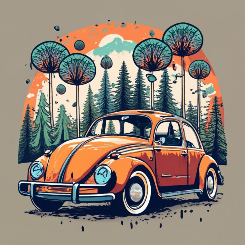 t-shirt design featuring a beautiful Volkswagen, the forest, a tree background. Incorporate vibrant watercolor splashes and dripping effects