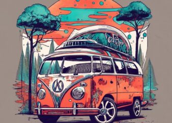 t-shirt design featuring a beautiful Volkswagen, forest, a tree background. Infuse elements of anime for a unique twist. PNG File