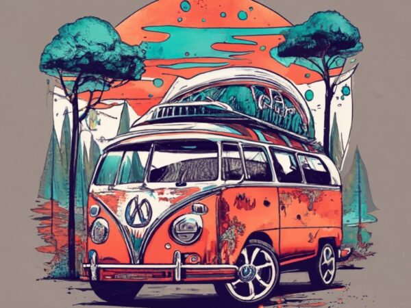 T-shirt design featuring a beautiful volkswagen, forest, a tree background. infuse elements of anime for a unique twist. png file