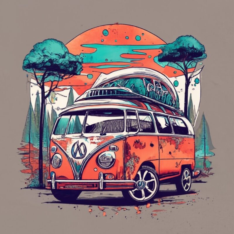 t-shirt design featuring a beautiful Volkswagen, forest, a tree background. Infuse elements of anime for a unique twist. PNG File