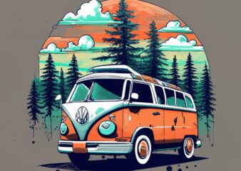 t-shirt design featuring a beautiful Volkswagen, forest, a tree background. Infuse elements of anime for a unique twist. PNG File