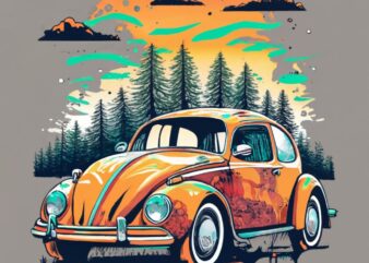 t-shirt design featuring a beautiful Volkswagen, forest, a tree background. Infuse elements of anime for a unique twist. PNG File